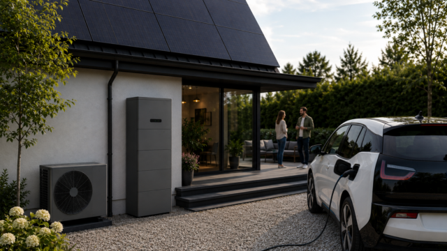 Woning met elektrische auto, warmtepomp, zonnepanelen, thuisbatterij