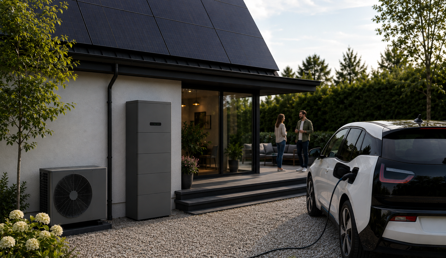 Woning met elektrische auto, warmtepomp, zonnepanelen, thuisbatterij