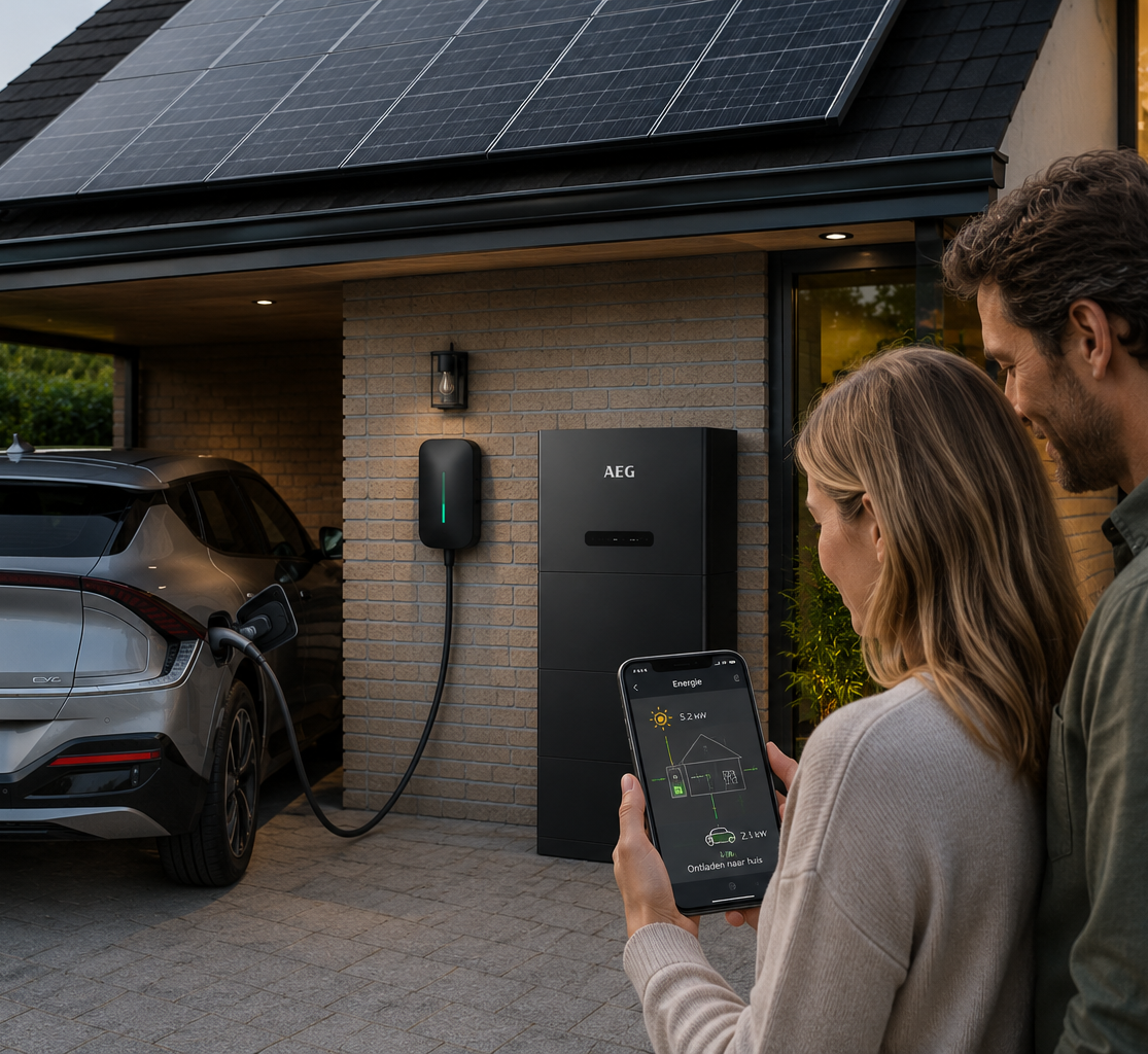 Woning met slimme laadpaal, zonnepanelen, slimme thuisbatterij 15 kwh en app