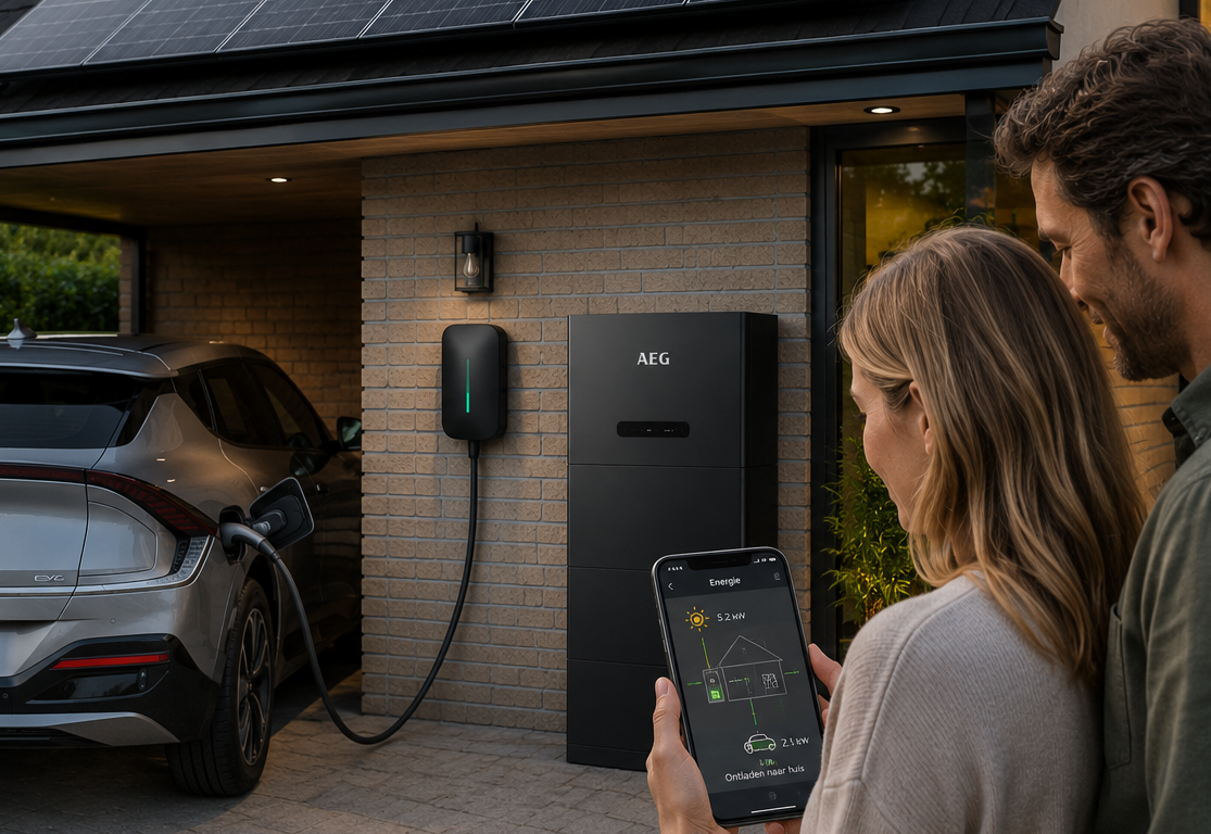 Woning met slimme laadpaal, zonnepanelen, slimme thuisbatterij en app