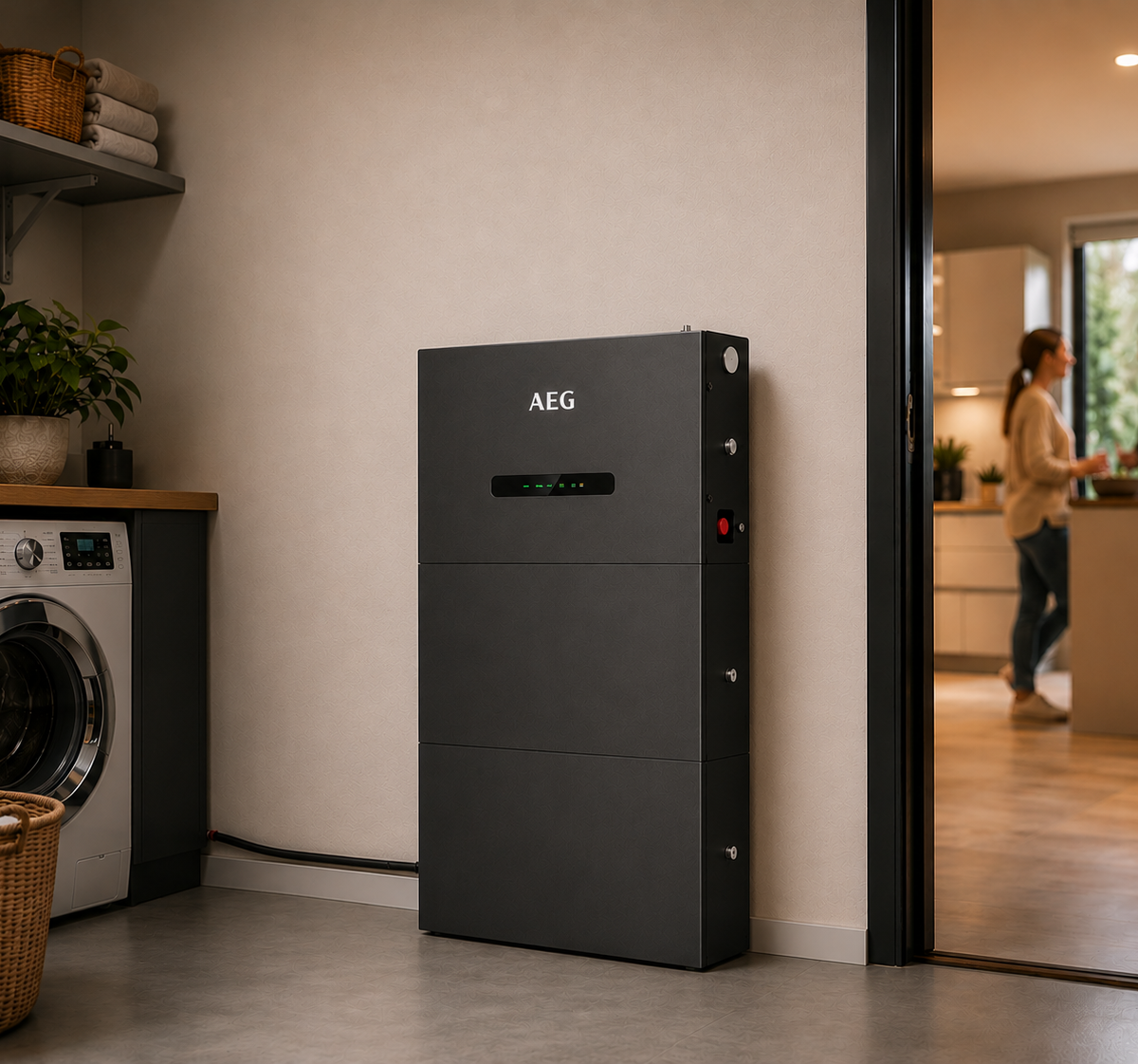 Slimme Thuisbatterij AEG All-in-One 10 kWh in bijkeuken