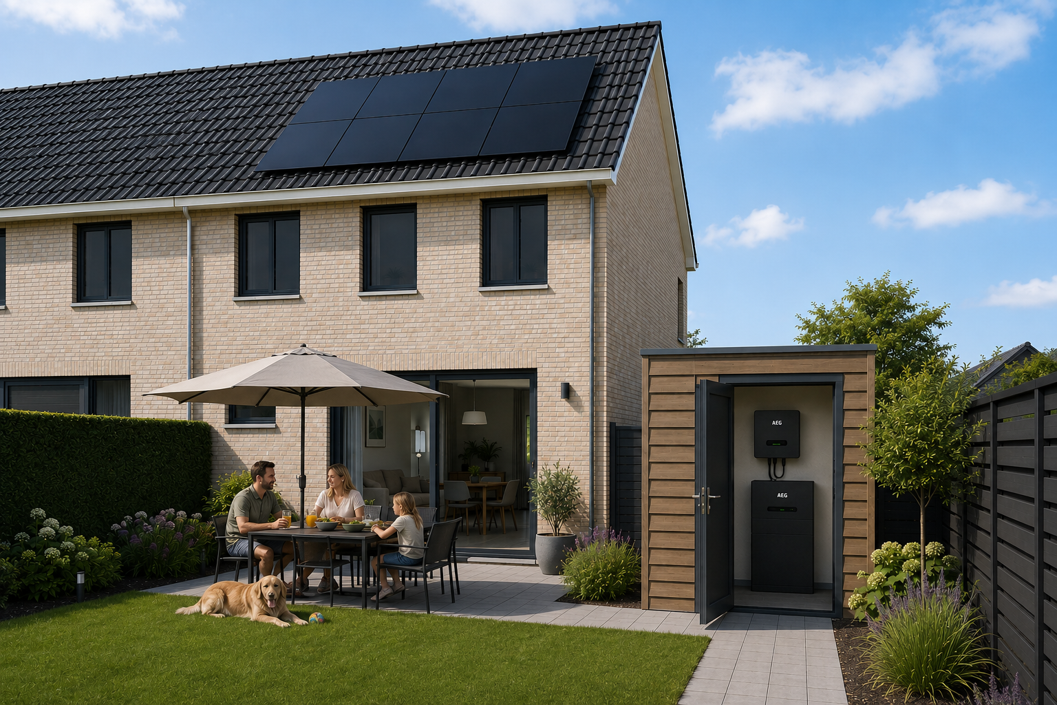 Slimme AEG thuisbatterij hybride 10 kwh in schuur van hoekwoning met zonnepanelen