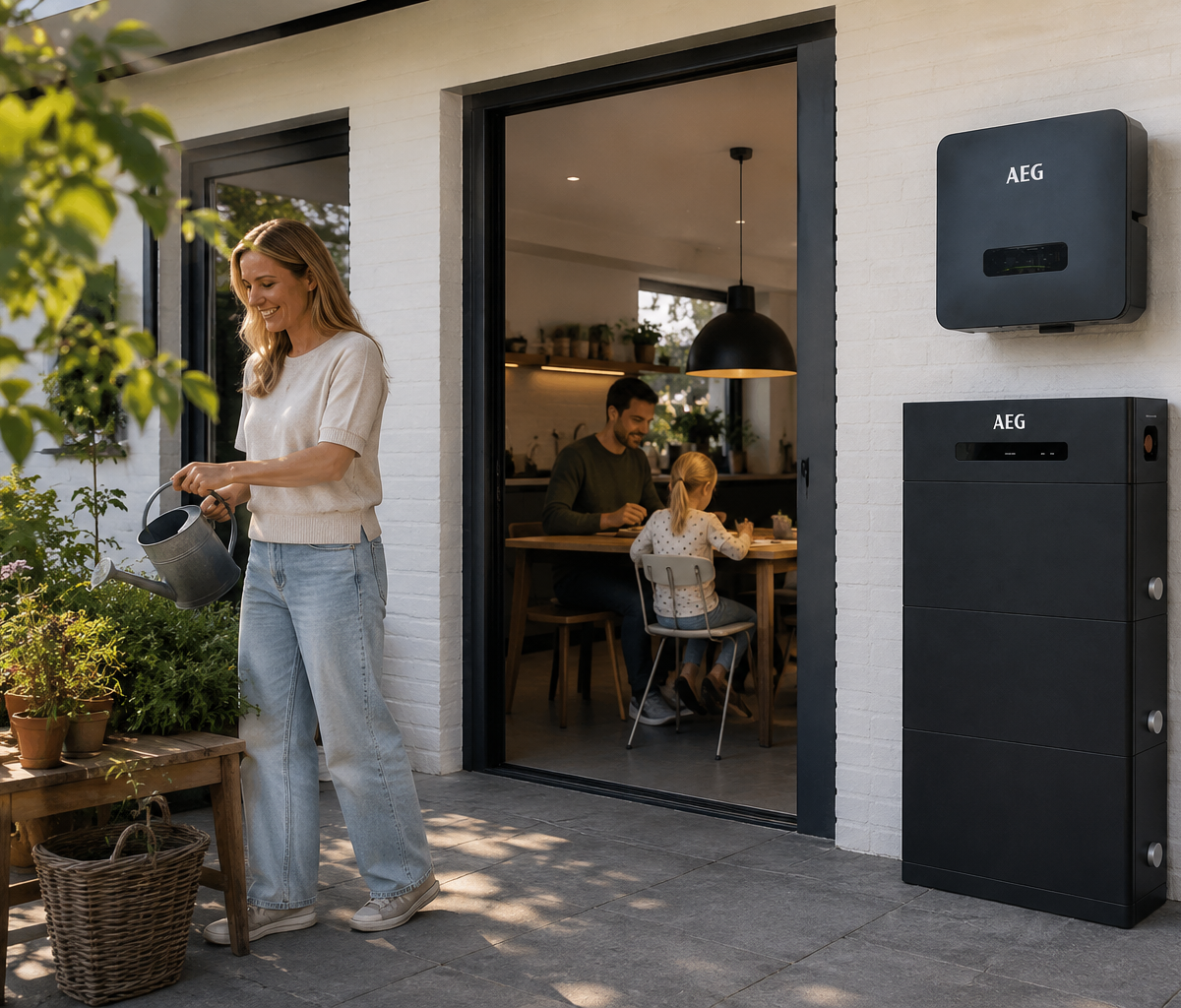 AEG hybride 15 kwh slimme thuisbatterij buiten tegen gevel